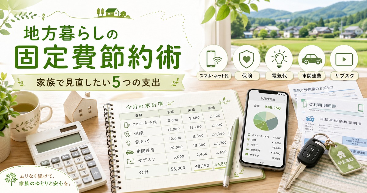 地方暮らしの家族が固定費を見直すイメージ