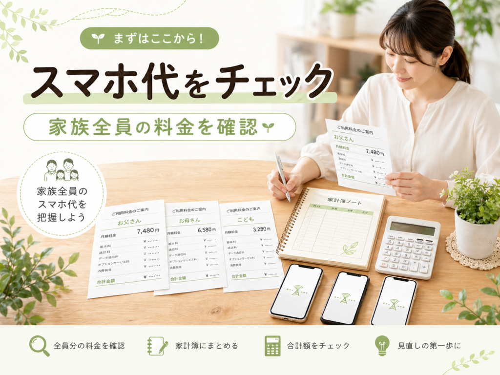 家族全員のスマホ代を確認する家計簿のイメージ