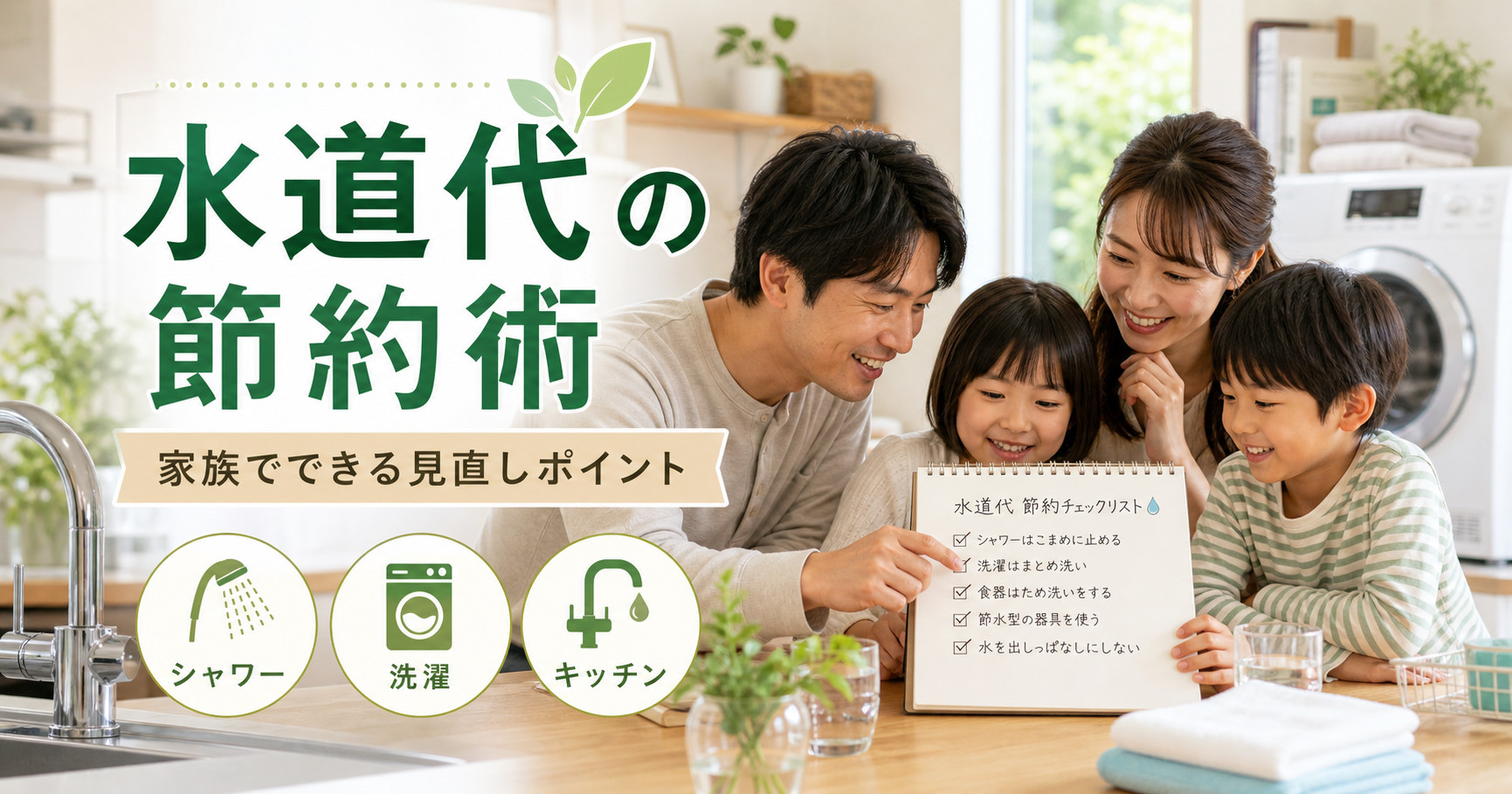 家族で水道代の節約ポイントを確認するイメージ