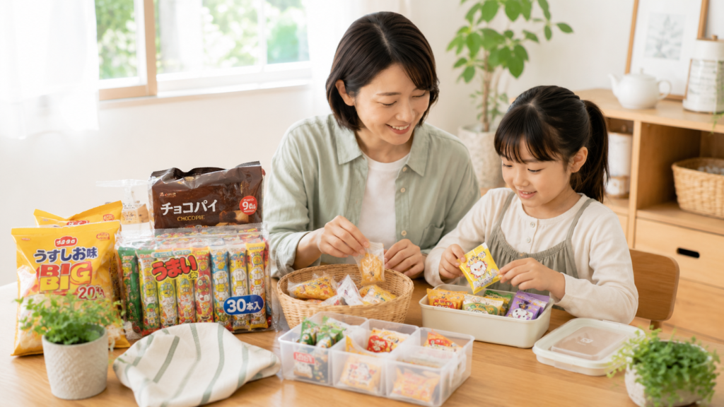 ディスカウントストアでまとめ買いしたおやつを親子で分ける様子