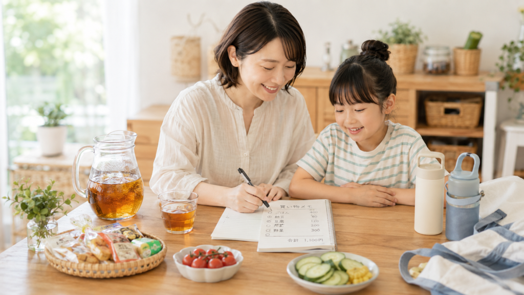 夏休みの食費節約チェックリストを見ながら家計を確認する様子