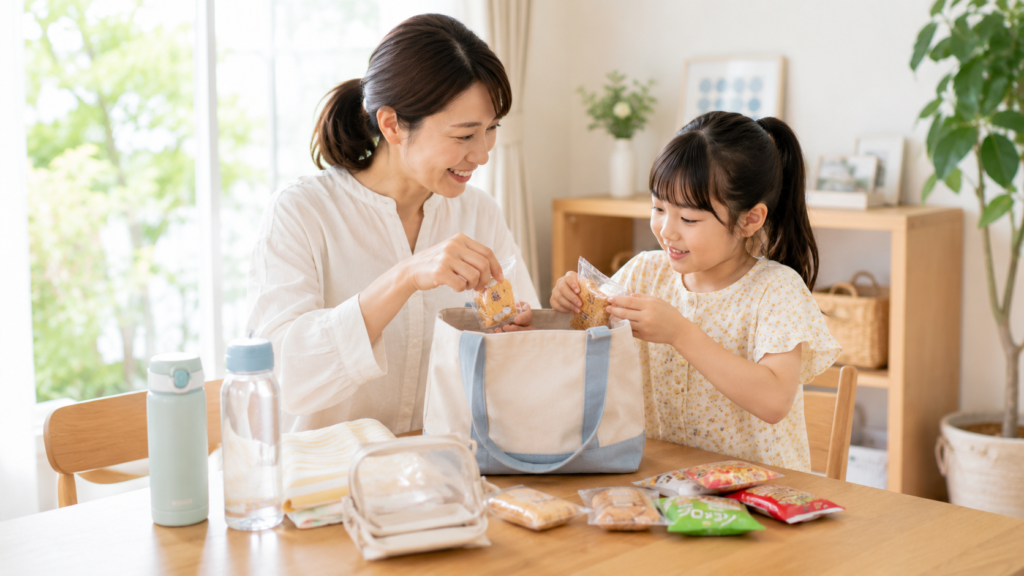 お出かけに持っていくおやつと水筒を親子で準備する様子