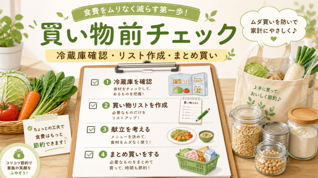 食費を節約するための買い物前チェックポイントをまとめたイメージ