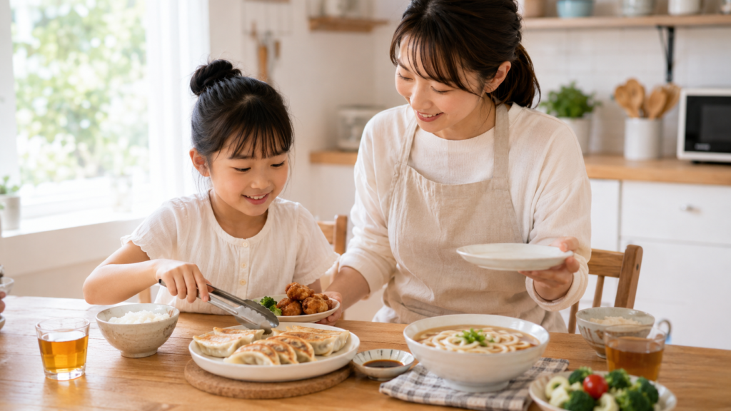 冷凍食品を使って忙しい日の夕食を準備する親子