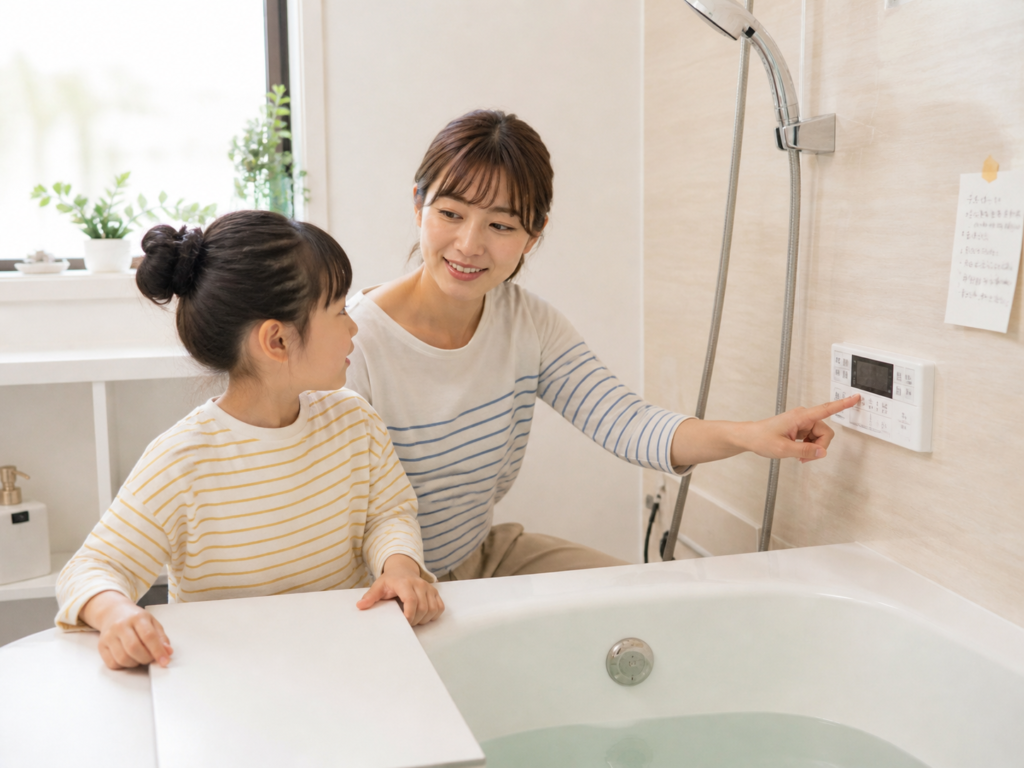 親子でお風呂の給湯設定を確認しながらガス代の節約を見直すイメージ