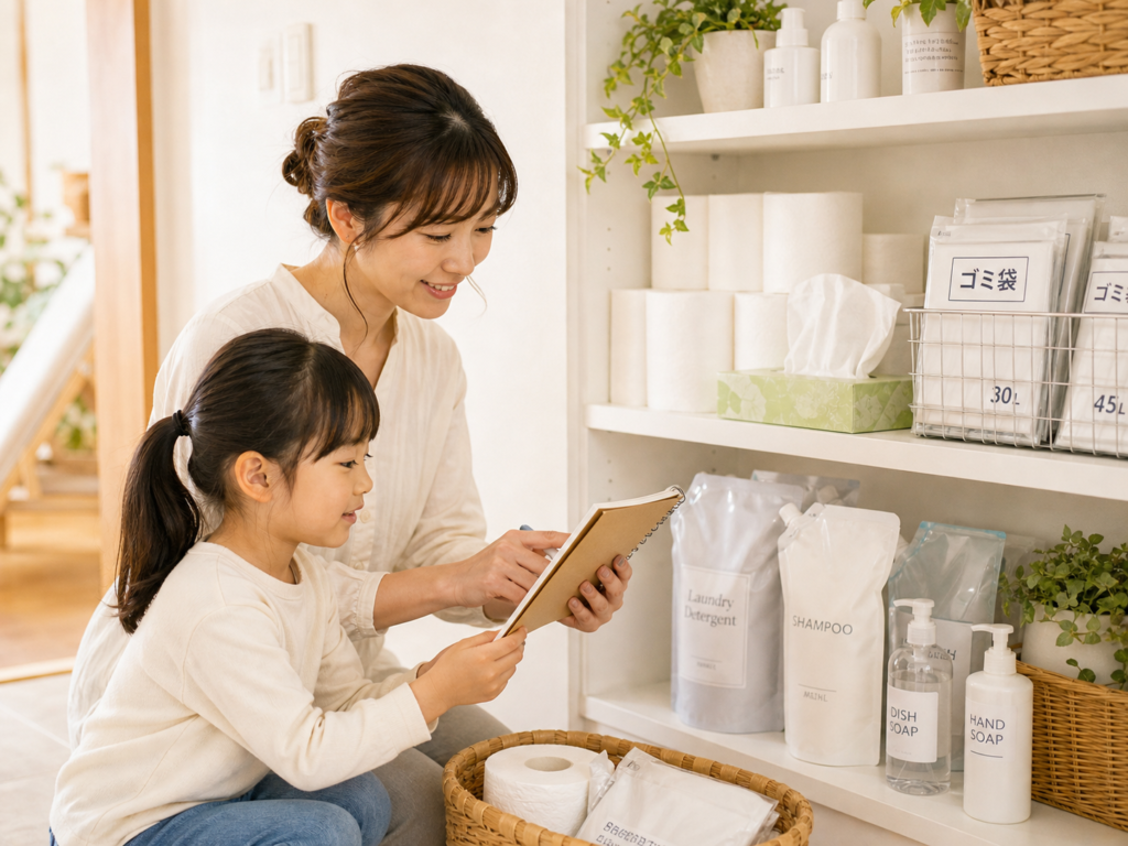 親子で日用品の収納棚を確認してストックの買いすぎを防ぐイメージ