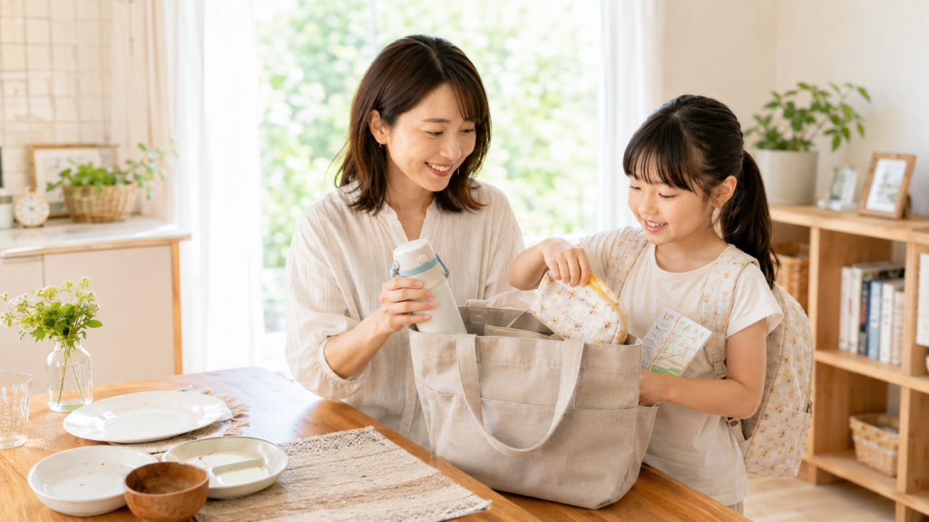 昼ごはんを食べてから道の駅巡りに出かける準備をする親子