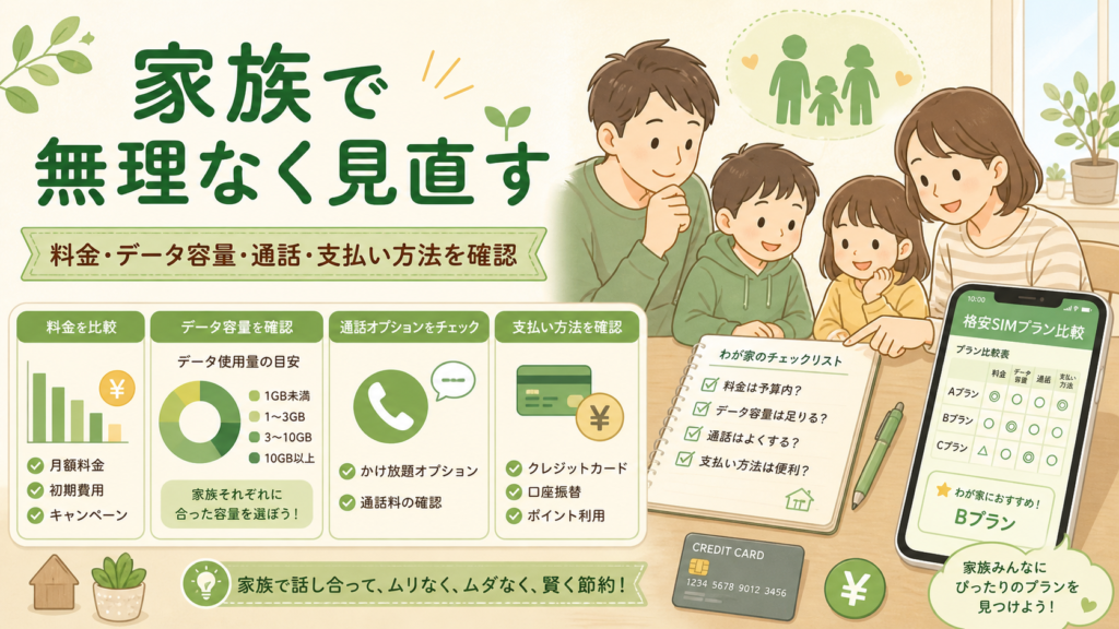 家族で料金プランなどを見直すイメージ
