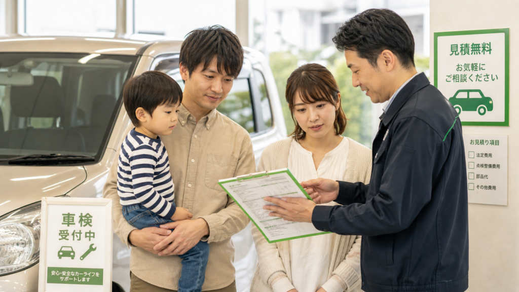 車検前に整備スタッフから見積もり内容の説明を受ける家族のイメージ