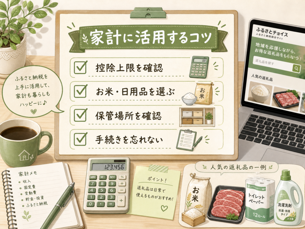 ふるさと納税を家計に活用するコツをチェックリストでまとめたイメージ
