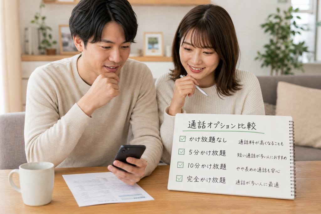 スマホの通話オプションを比較しながらかけ放題の必要性を確認する夫婦のイメージ