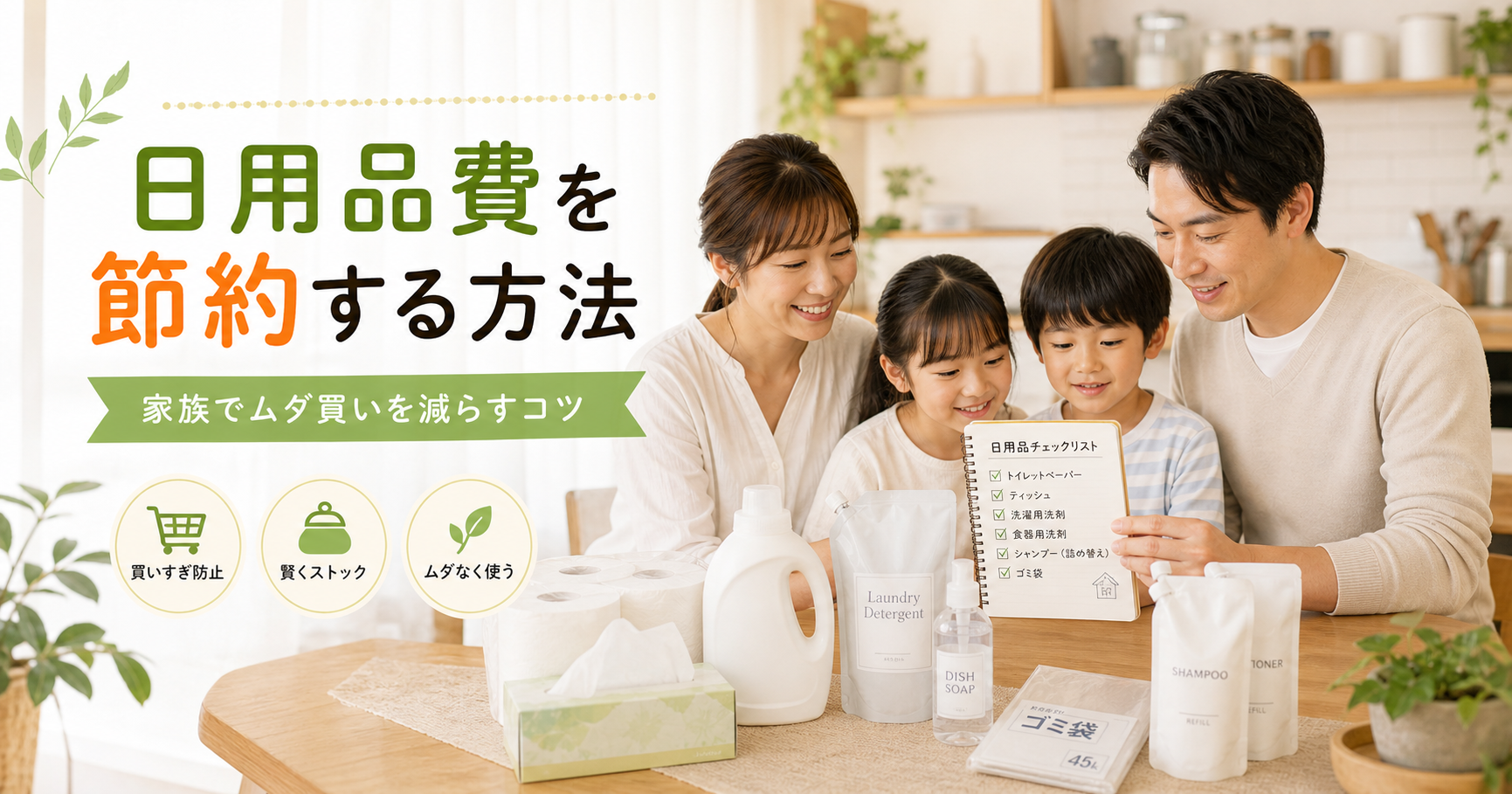 家族で日用品費を節約するために買いすぎ防止と在庫確認をするイメージ