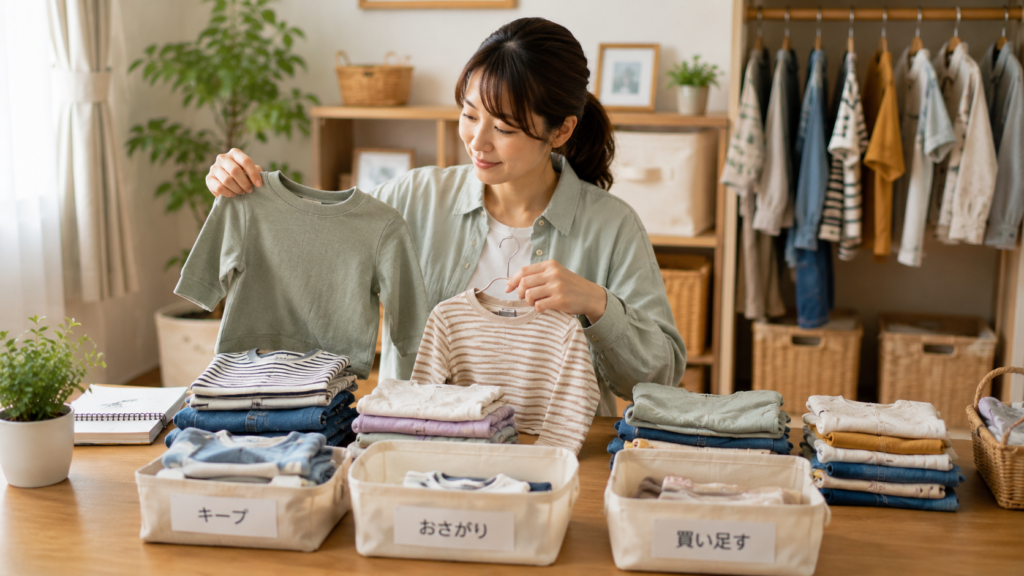子ども服をキープやおさがりに分けて整理しているイメージ