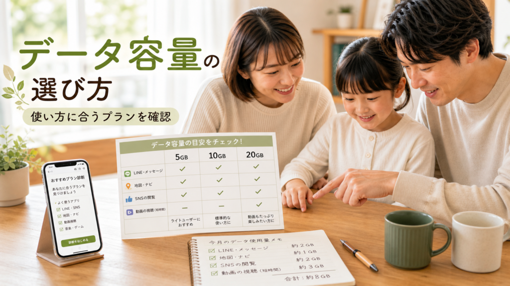 格安SIMのデータ容量を使い方に合わせて比較する家族のイメージ