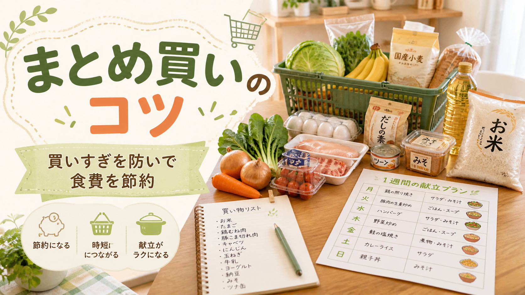 まとめ買いで食費を節約するために買い物リストと献立を確認するイメージ