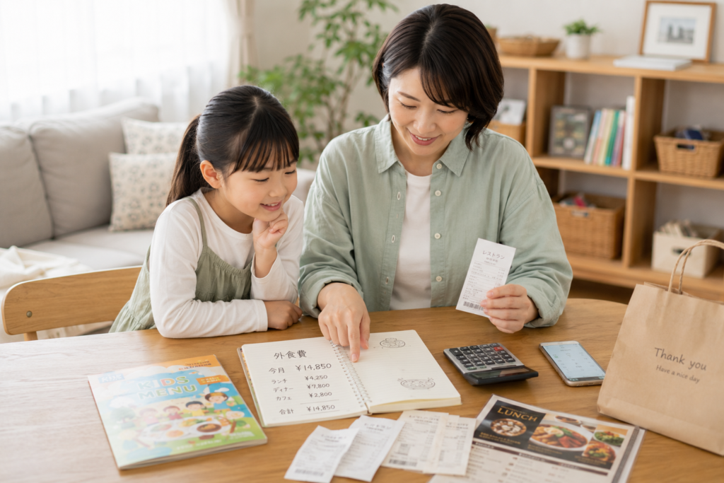外食のレシートと家計簿を見ながら1か月の外食費を確認する親子