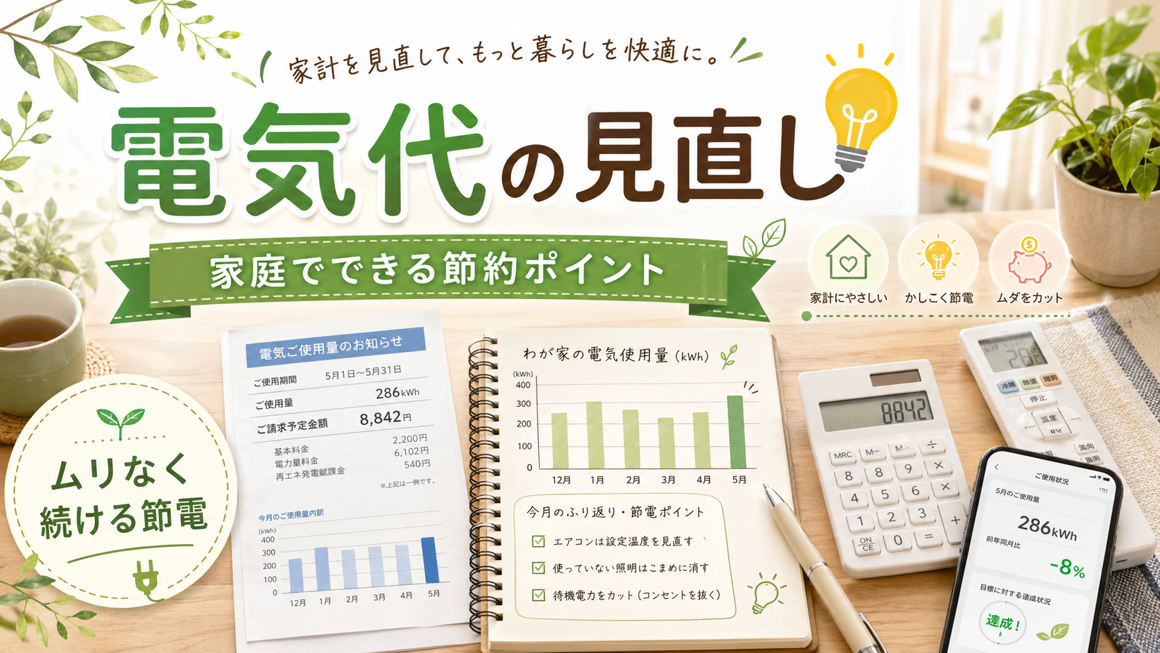 家庭で電気代を見直して節約するイメージ