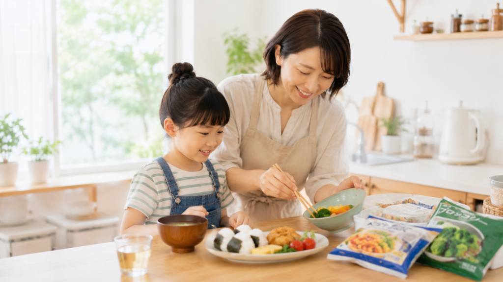 冷凍食品を活用して夏休みの昼ごはんを用意する様子