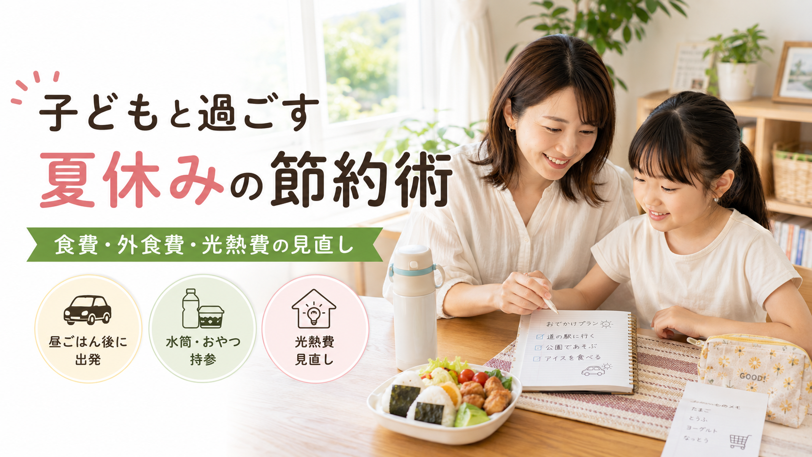 子どもと過ごす夏休みの節約術を親子で確認する様子