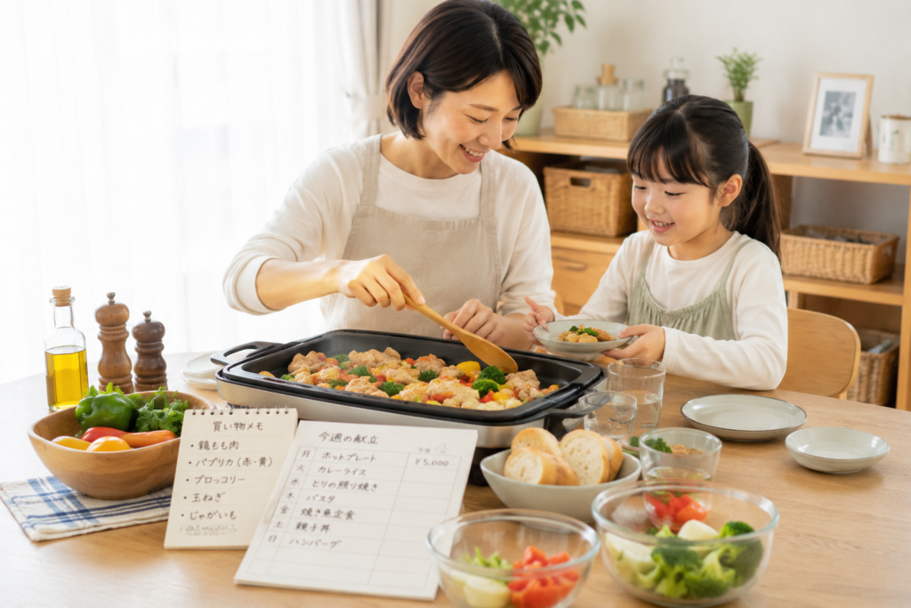 外食費を抑えるために家で外食気分の食事を楽しむ家族