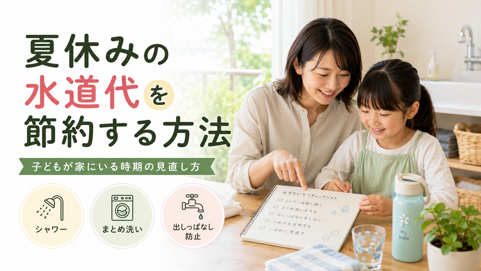 夏休みの水道代を節約する方法を親子で確認する様子
