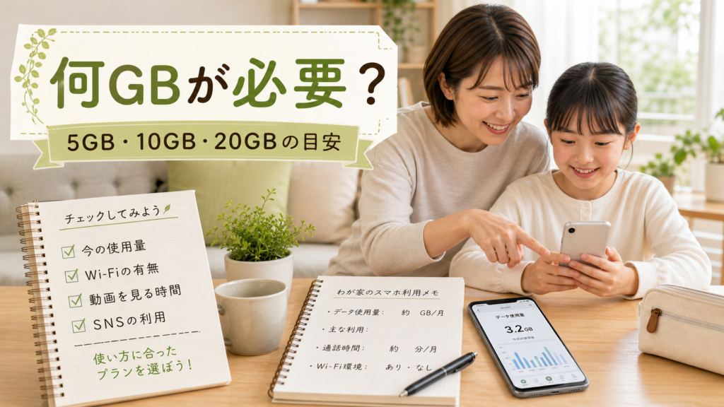 スマホのデータ使用量やWi-Fiの有無を確認して必要なGB数を考えるイメージ