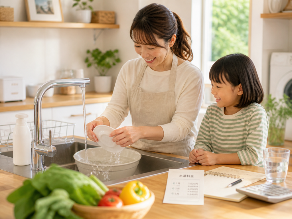 キッチンで食器洗いの水の使い方を見直して水道代を節約するイメージ