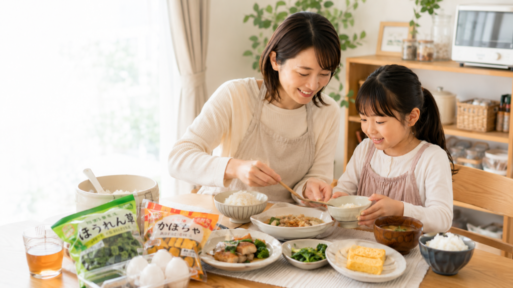 4人家族が家ごはんを囲みながら食費を節約する様子
