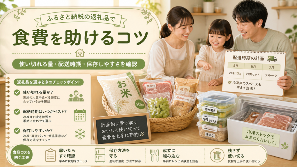 ふるさと納税の返礼品を使い切れる量や配送時期を確認して食費に活用するイメージ