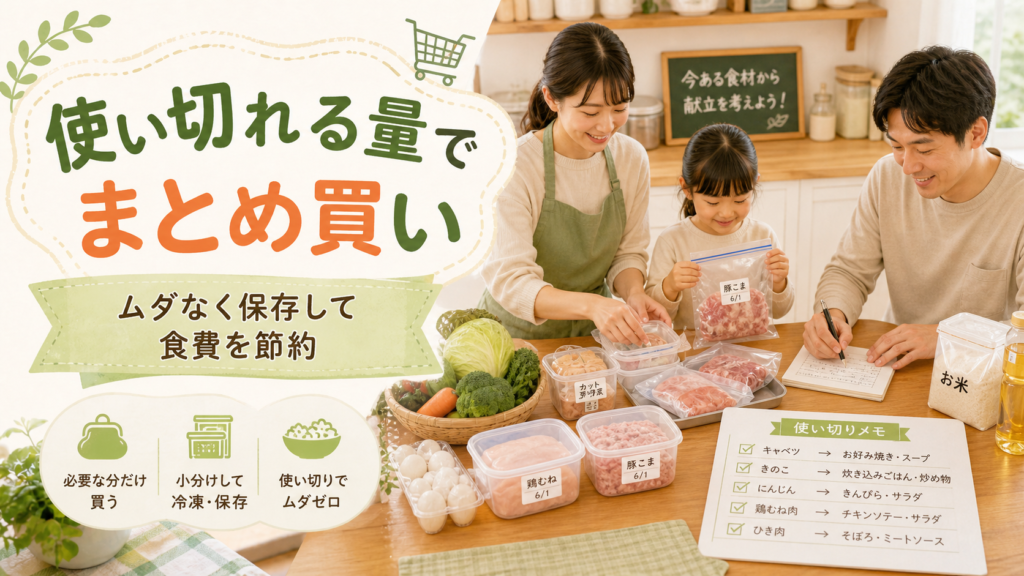 まとめ買いした食材を小分け保存しながら食費を節約する家族のイメージ