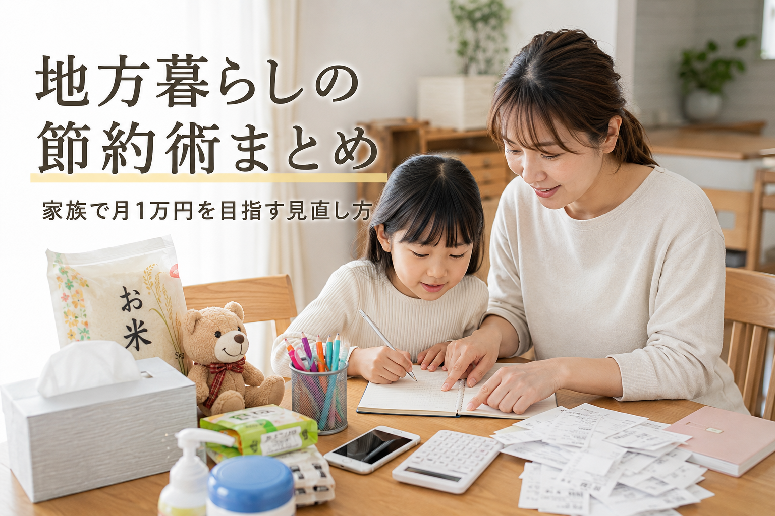 地方暮らしの節約術まとめを親子で家計簿を見ながら確認する様子