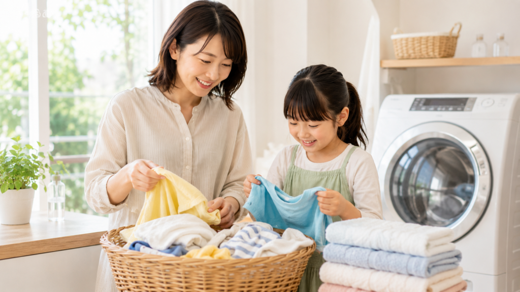 夏休みの洗濯物をまとめ洗いして水道代を節約する様子