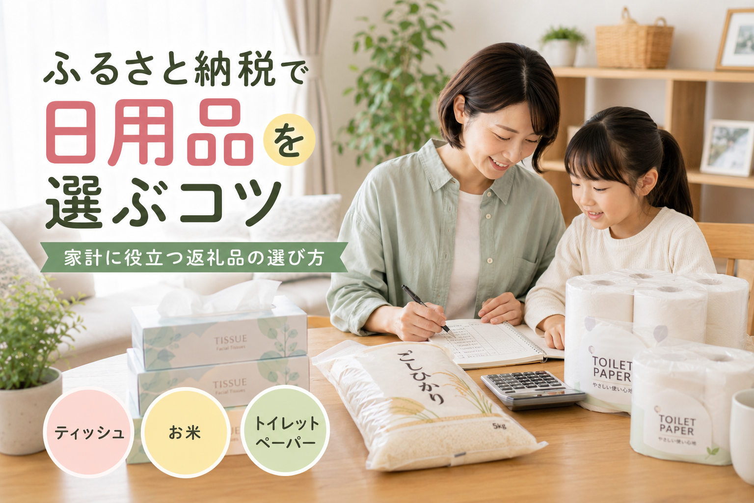 ふるさと納税でティッシュやお米などの日用品返礼品を選ぶ親子