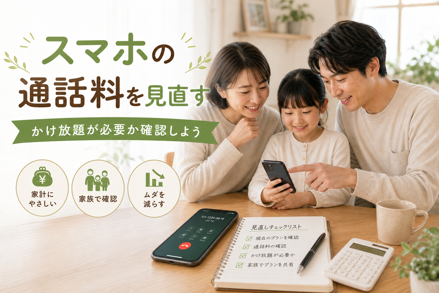 スマホの通話料を見直してかけ放題が必要か家族で確認するイメージ
