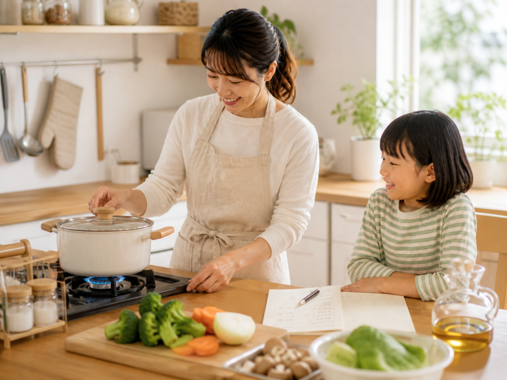 親子で料理をしながら鍋にふたを使ってガス代を節約するイメージ