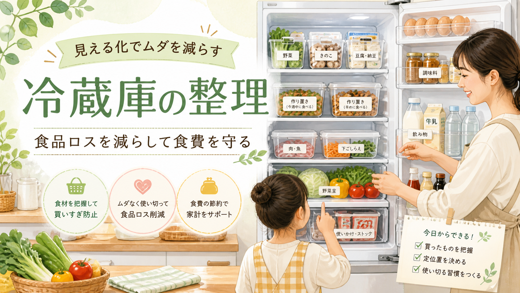 冷蔵庫を整理して食品ロスを減らし食費を守るイメージ