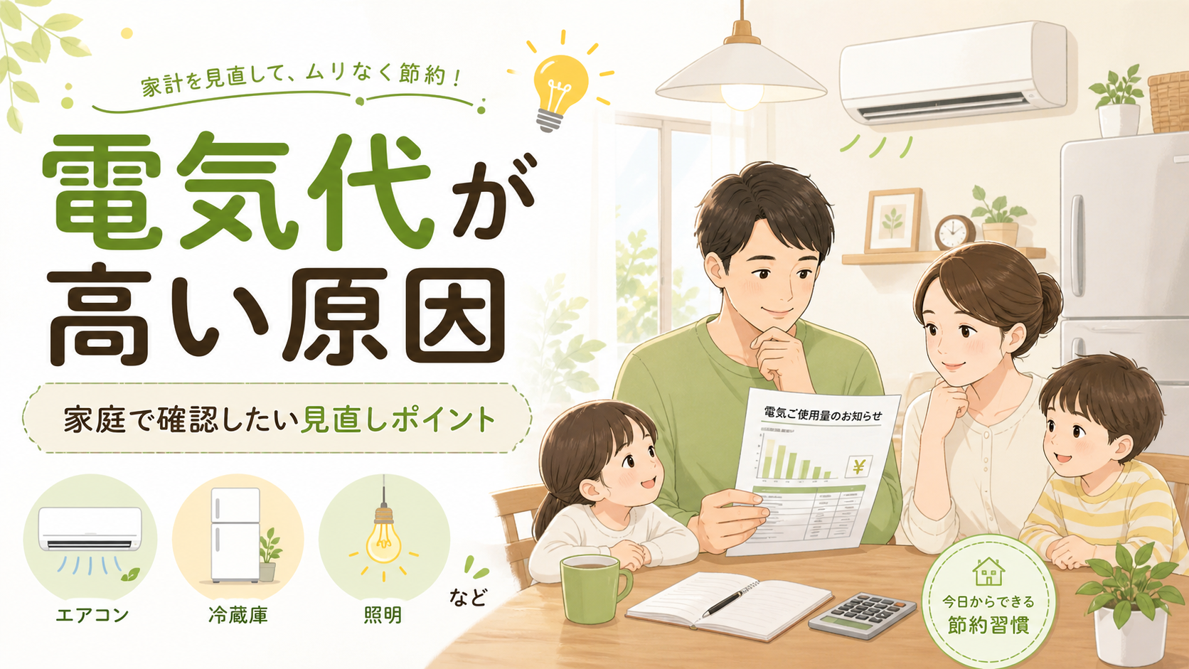 家庭の電気代が高い原因を家族で確認するイメージ