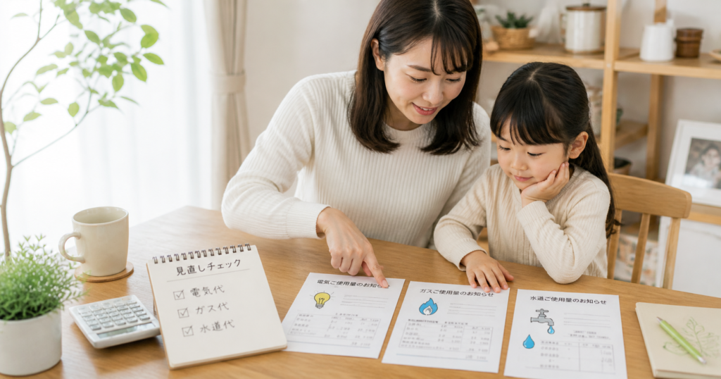 親子で電気代・ガス代・水道代の明細を確認している様子