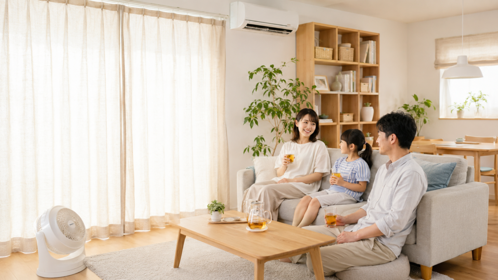 夏のリビングでカーテンと扇風機を使って電気代を節約する様子