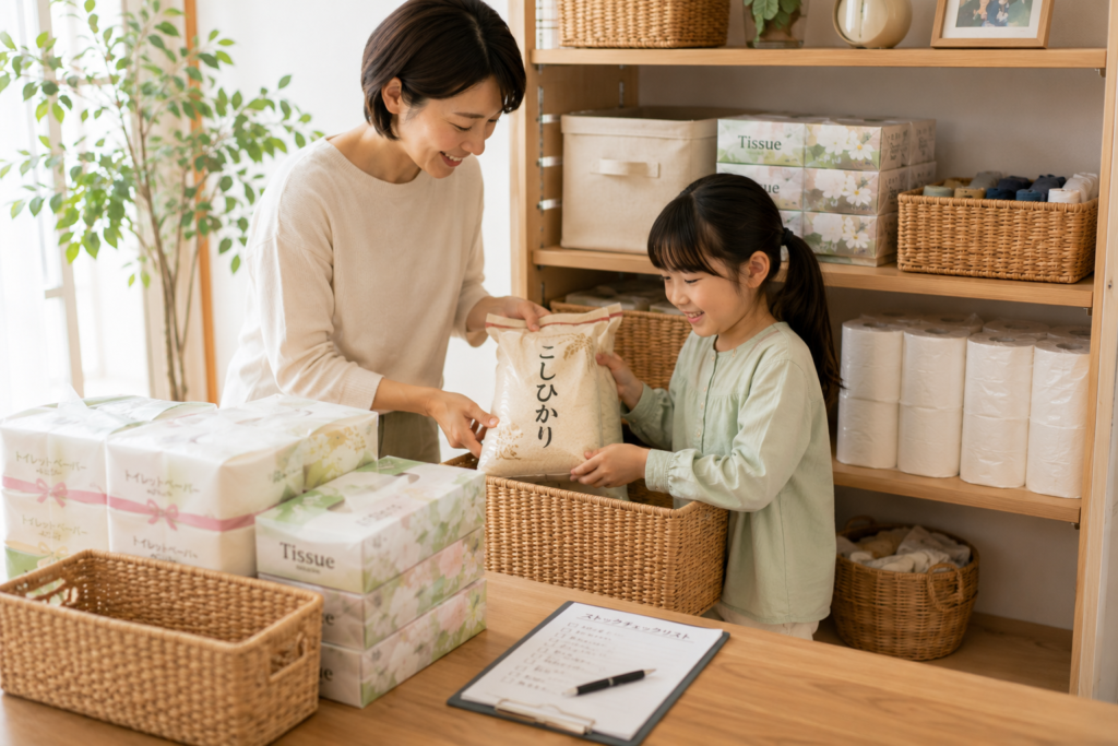 ティッシュやトイレットペーパーなどの返礼品を親子で収納する様子
