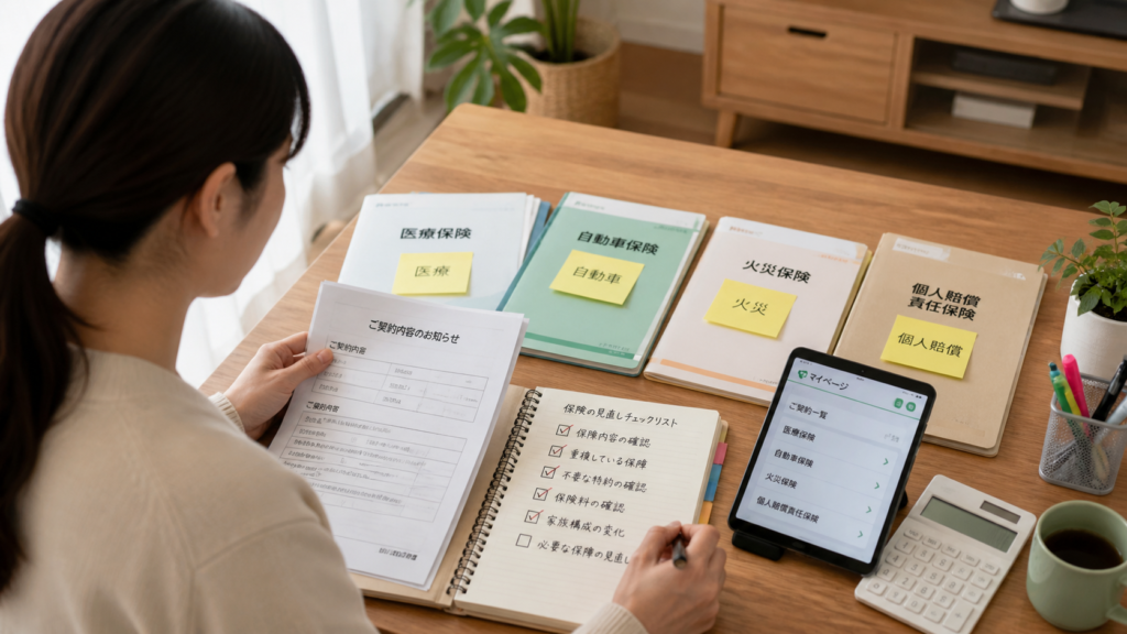 保険書類を種類ごとに整理して重複している保障や特約を確認するイメージ
