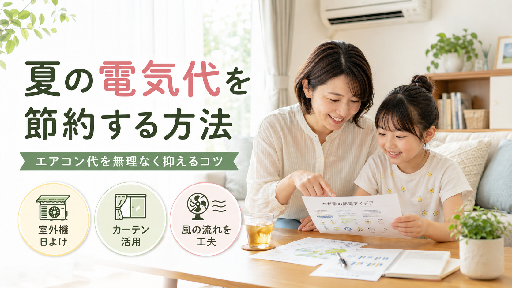夏の電気代を節約するために家族で家計を見直す様子