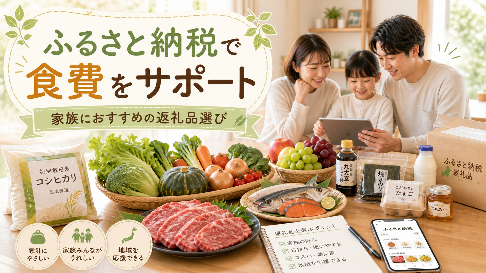 ふるさと納税の返礼品で食費を助けるために食品を選ぶ家族のイメージ