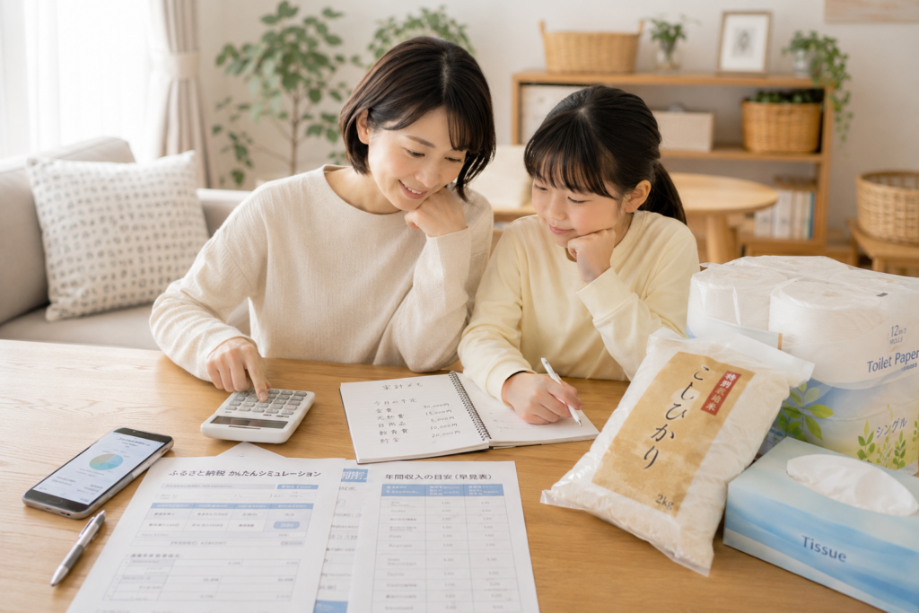 ふるさと納税の控除上限額を電卓と家計簿で確認する親子