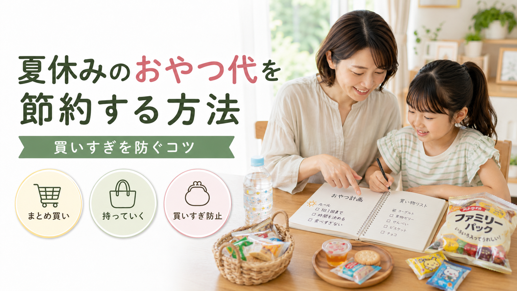 夏休みのおやつ代を節約する方法を親子で確認する様子