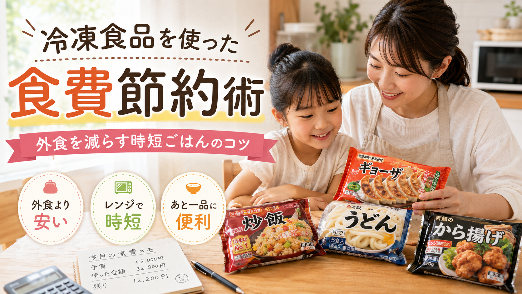 冷凍食品を使った食費節約術を紹介する家族向けアイキャッチ画像