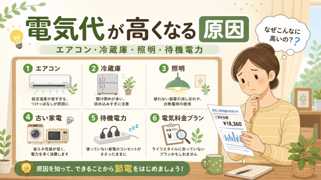 エアコンや冷蔵庫や照明など電気代が高くなる原因のイメージ