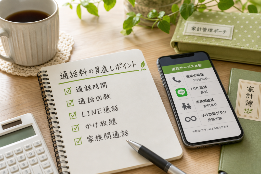 スマホの通話料を見直すポイントをノートに整理して確認するイメージ