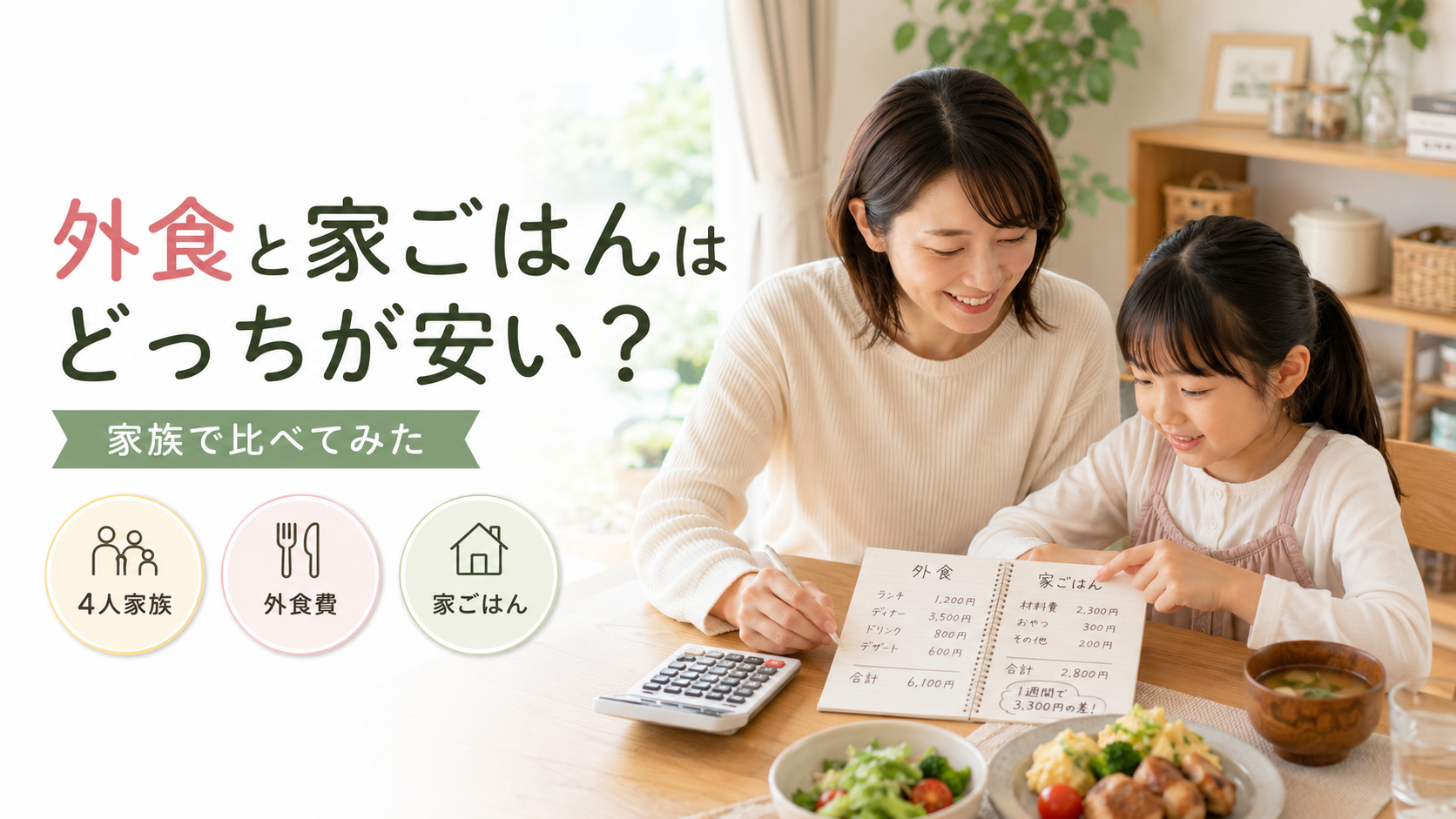 外食と家ごはんの食費を家族で比べている様子
