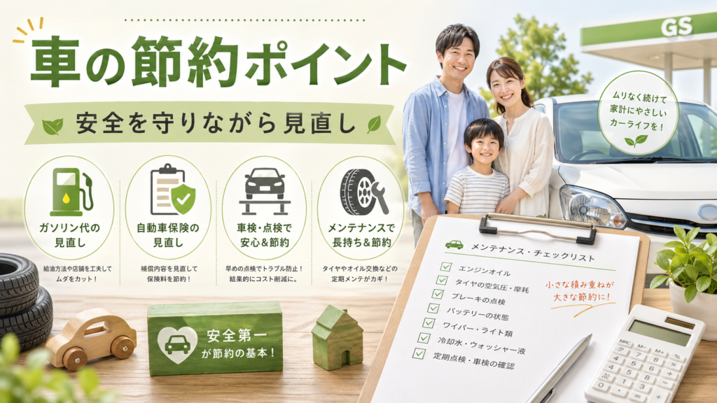 ガソリン代や保険や車検を見直して車関連費を節約するイメージ
